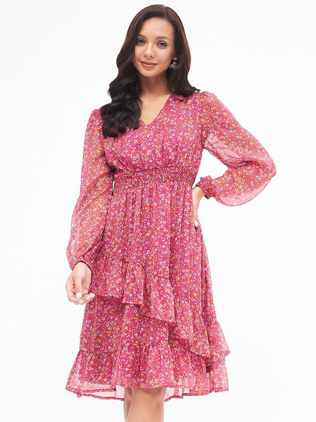 

Kibo Women V-Neck Self-Design Fit & Flare Midi Dress, Pink