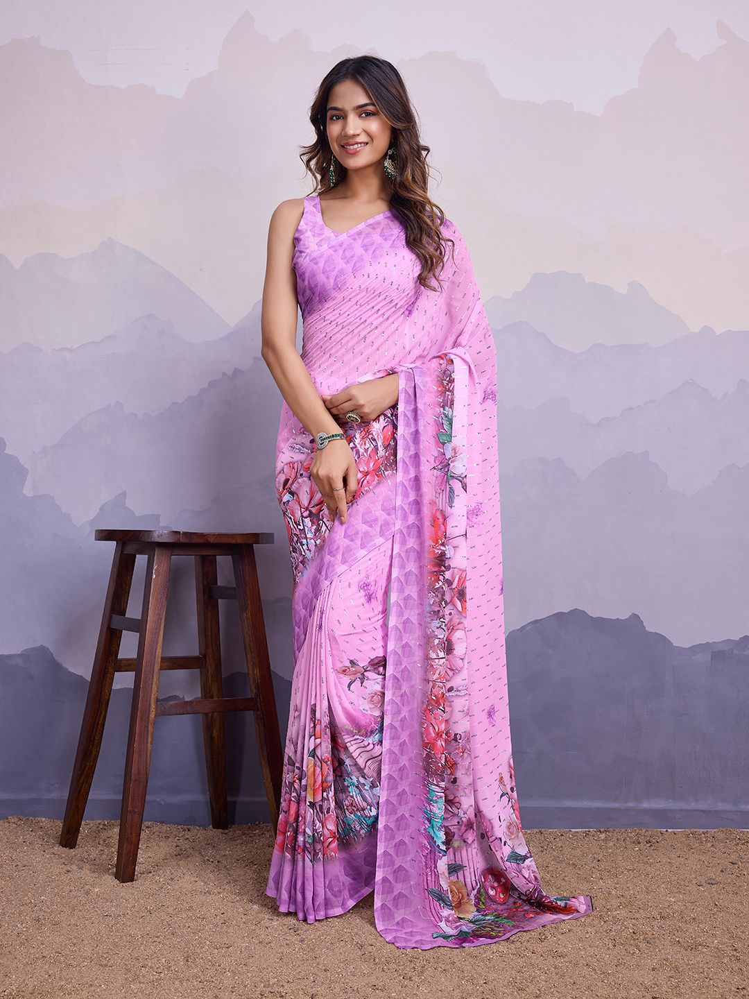 

Ishin Striped Sequinned Poly Chiffon Saree, Lavender