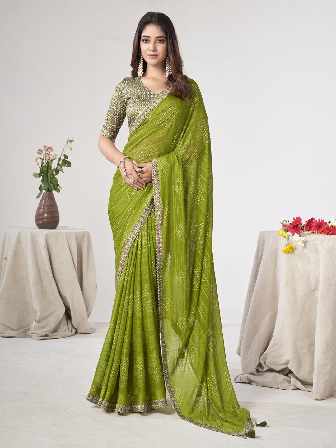 

CHUDIYA Bandhani Gotta Patti Pure Georgette Saree, Lime green