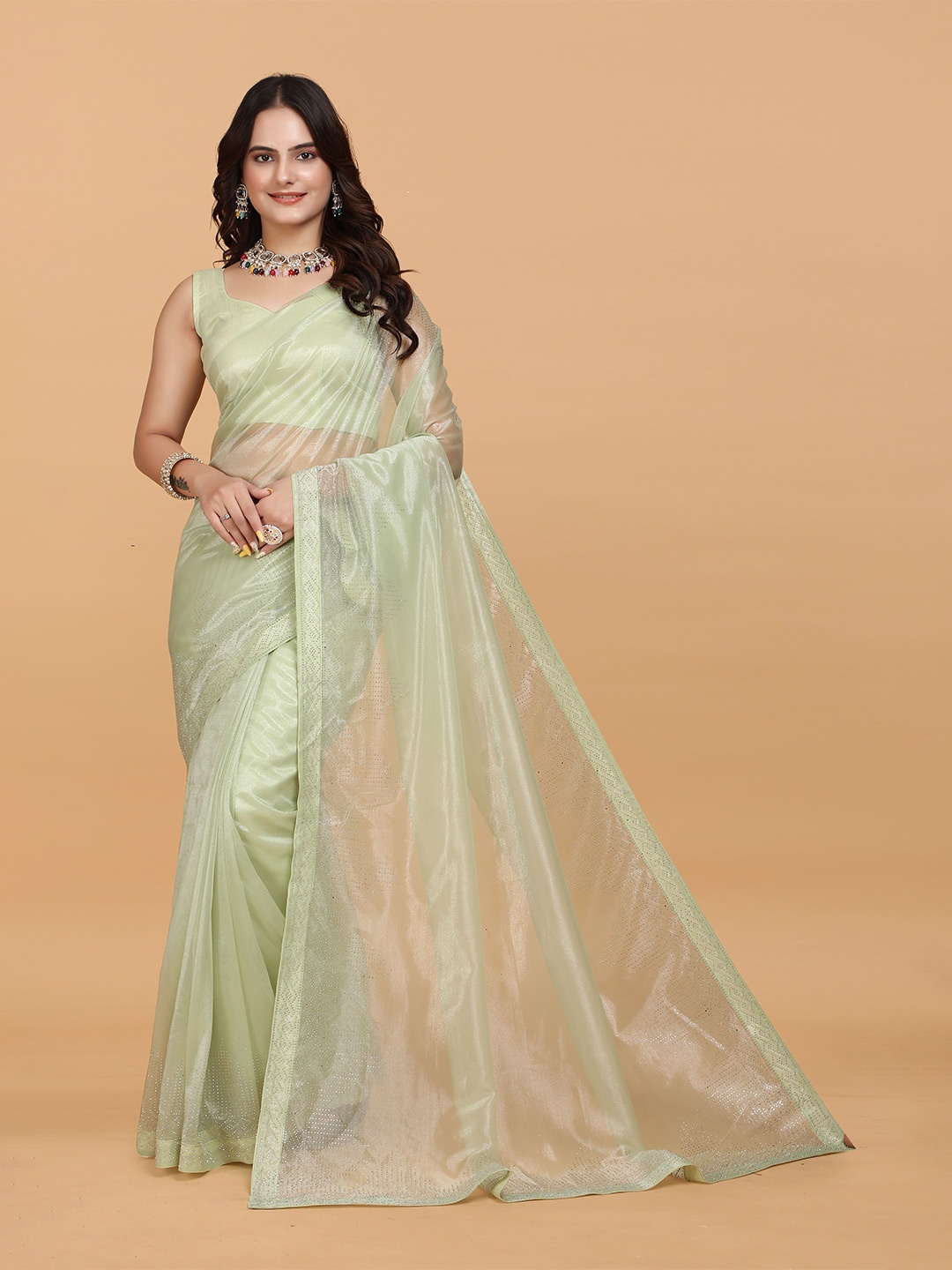 

Zeekha Embellished Beads and Stones Net Saree, Sea green