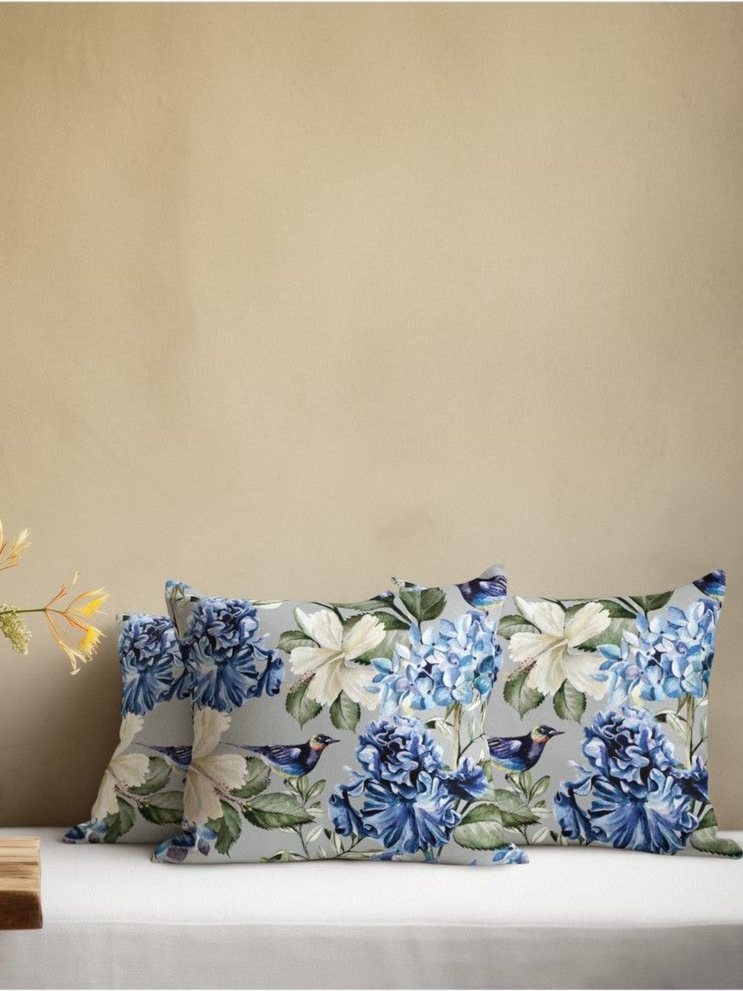 

THEYAYACAFE Grey & Blue 3 Pieces Floral Velvet Square Cushion Covers