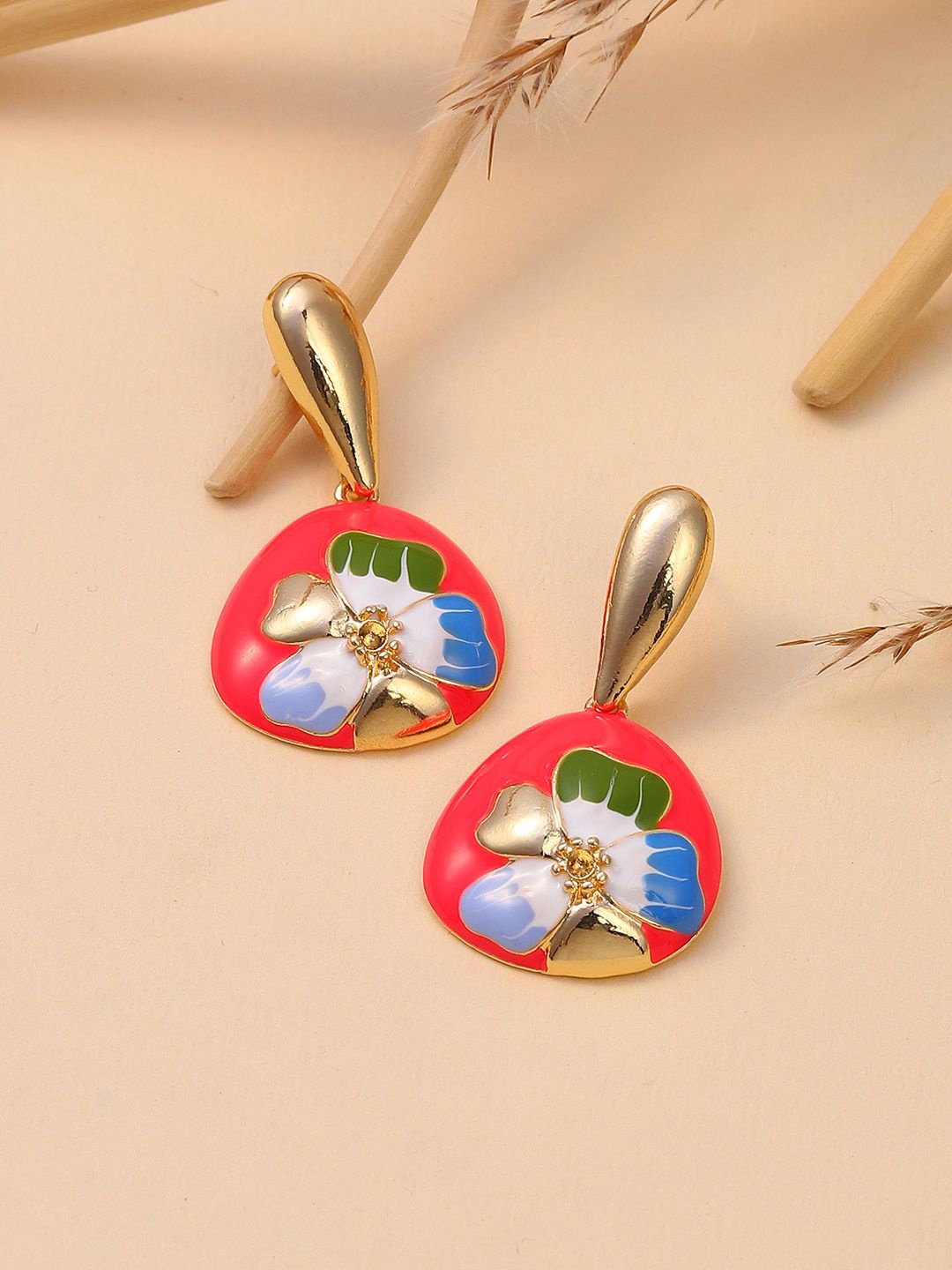 

SOHI Gold-Plated Contemporary Drop Earrings, Red