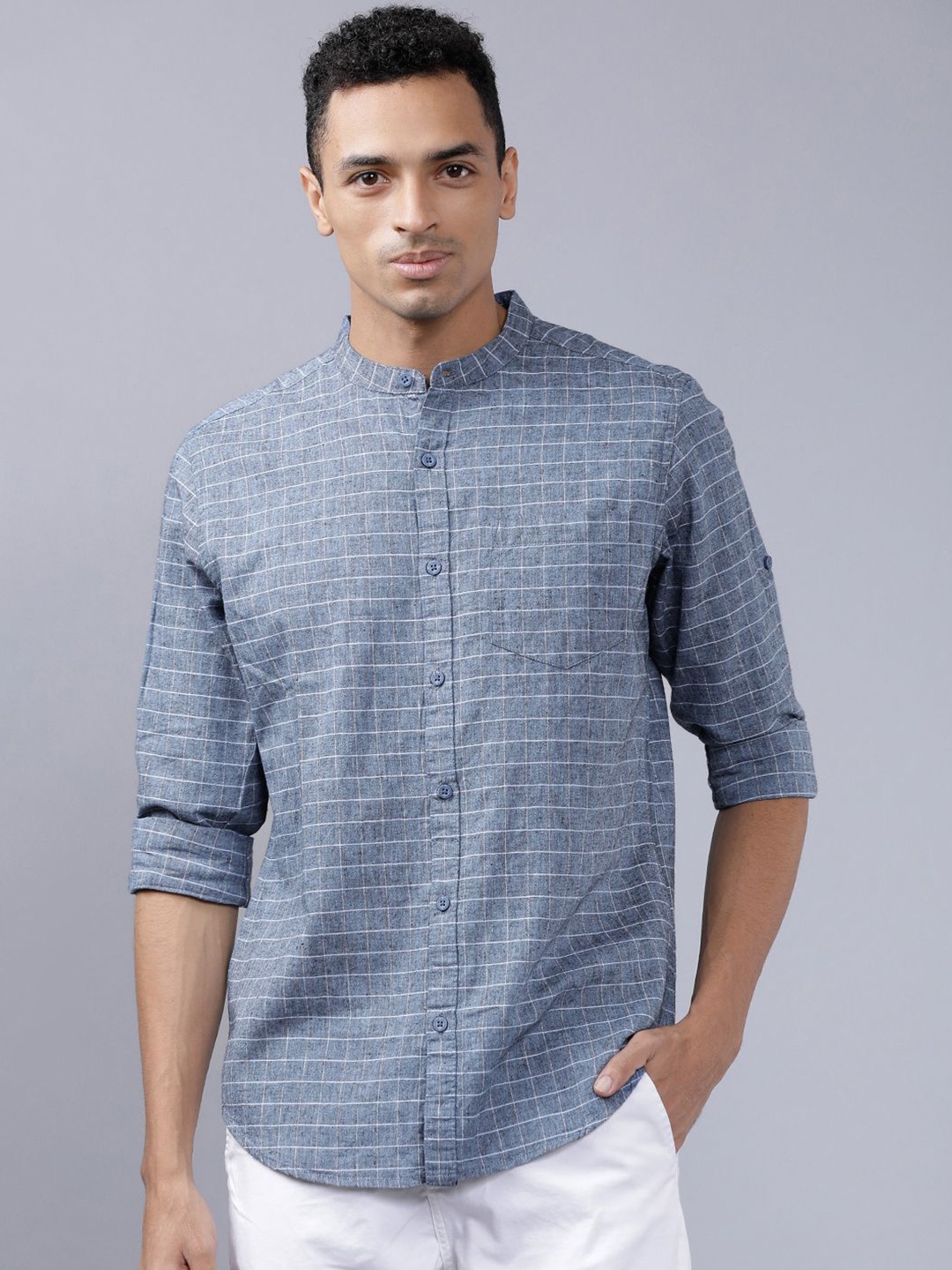 

HIGHLANDER Men Yarn Dyed Checked Slim Fit Shirt, Blue