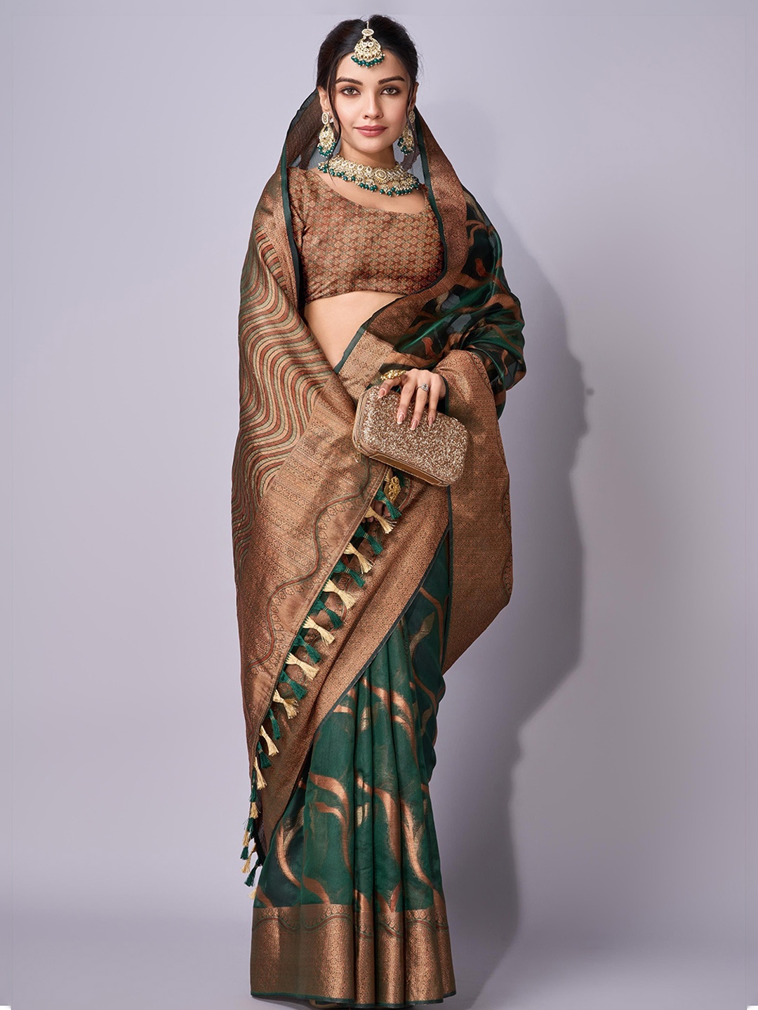 

Mitera Woven Design Zari Organza Saree, Green