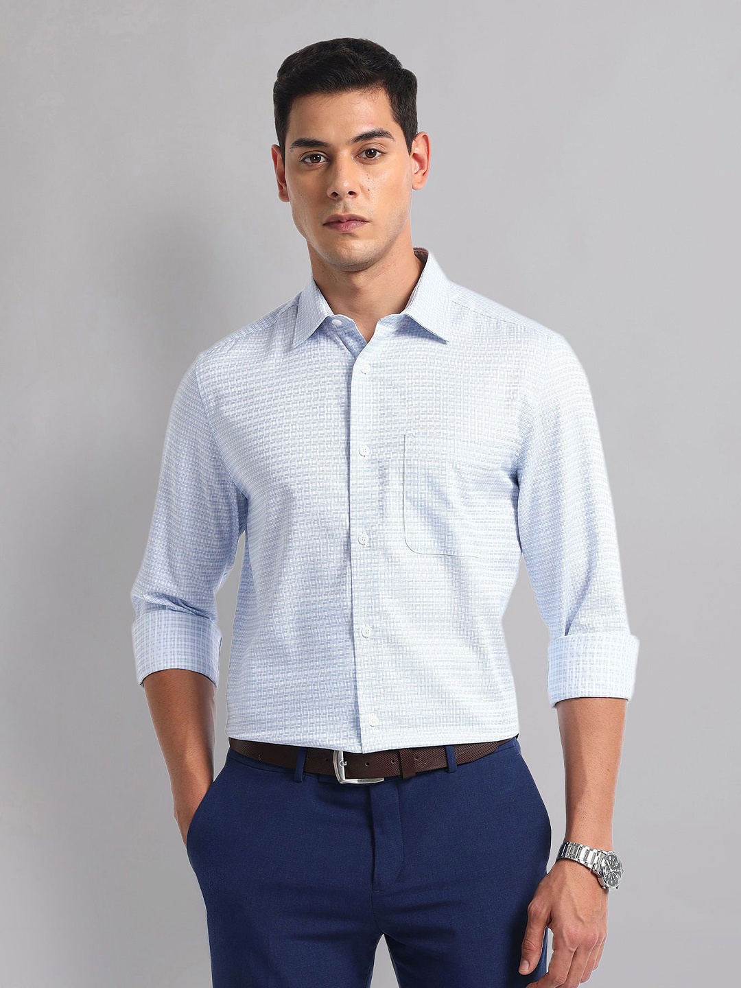 

AD By Arvind Men Spread Collar Micro Checked Cotton Casual Shirt, Blue