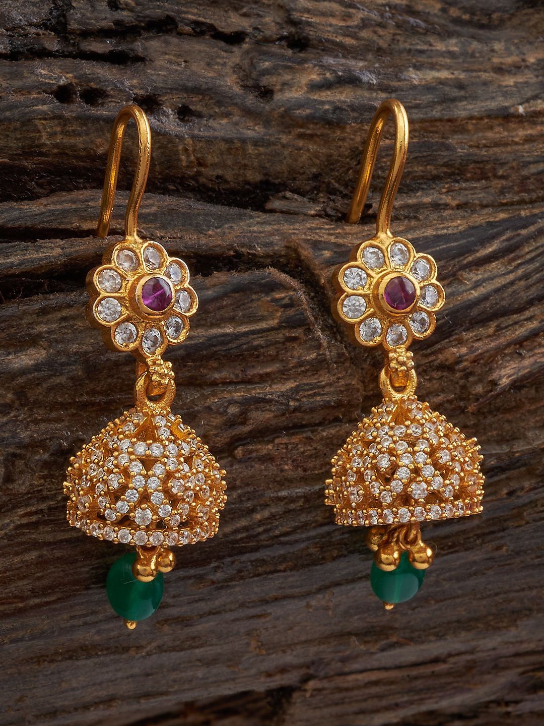 

Kushal's Fashion Jewellery 92.5 Pure Silver Gold-Plated CZ Studded Dome Shaped Jhumkas