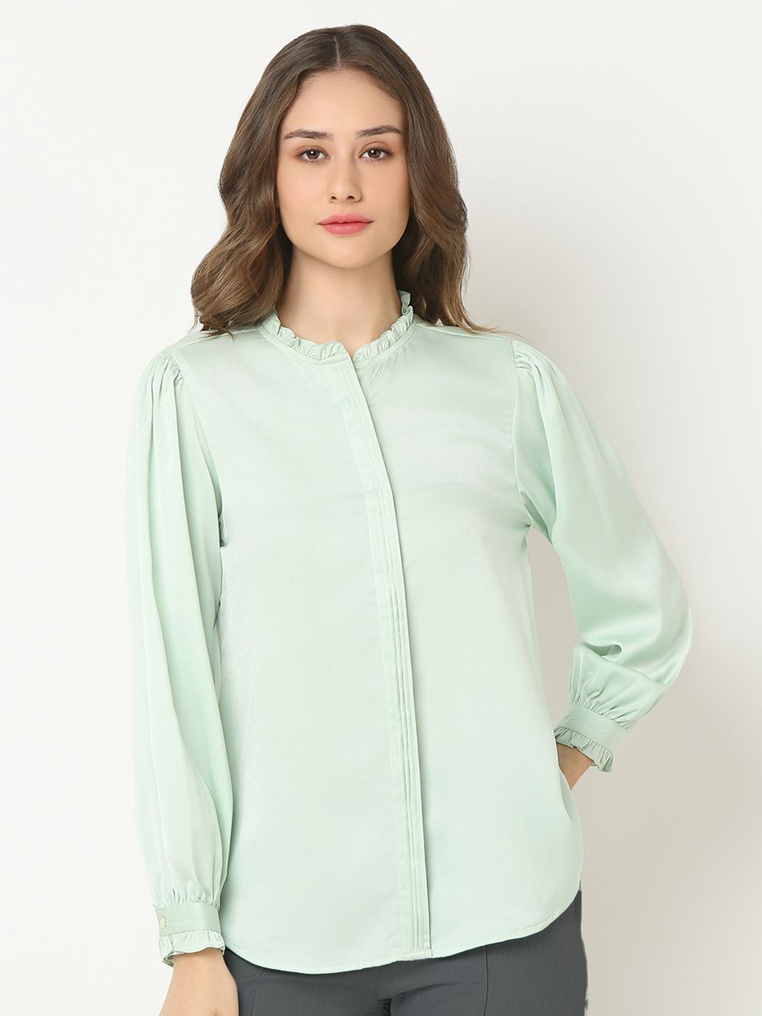 

NOT SO PINK Women New Mandarin Collar Solid Casual Shirt, Green