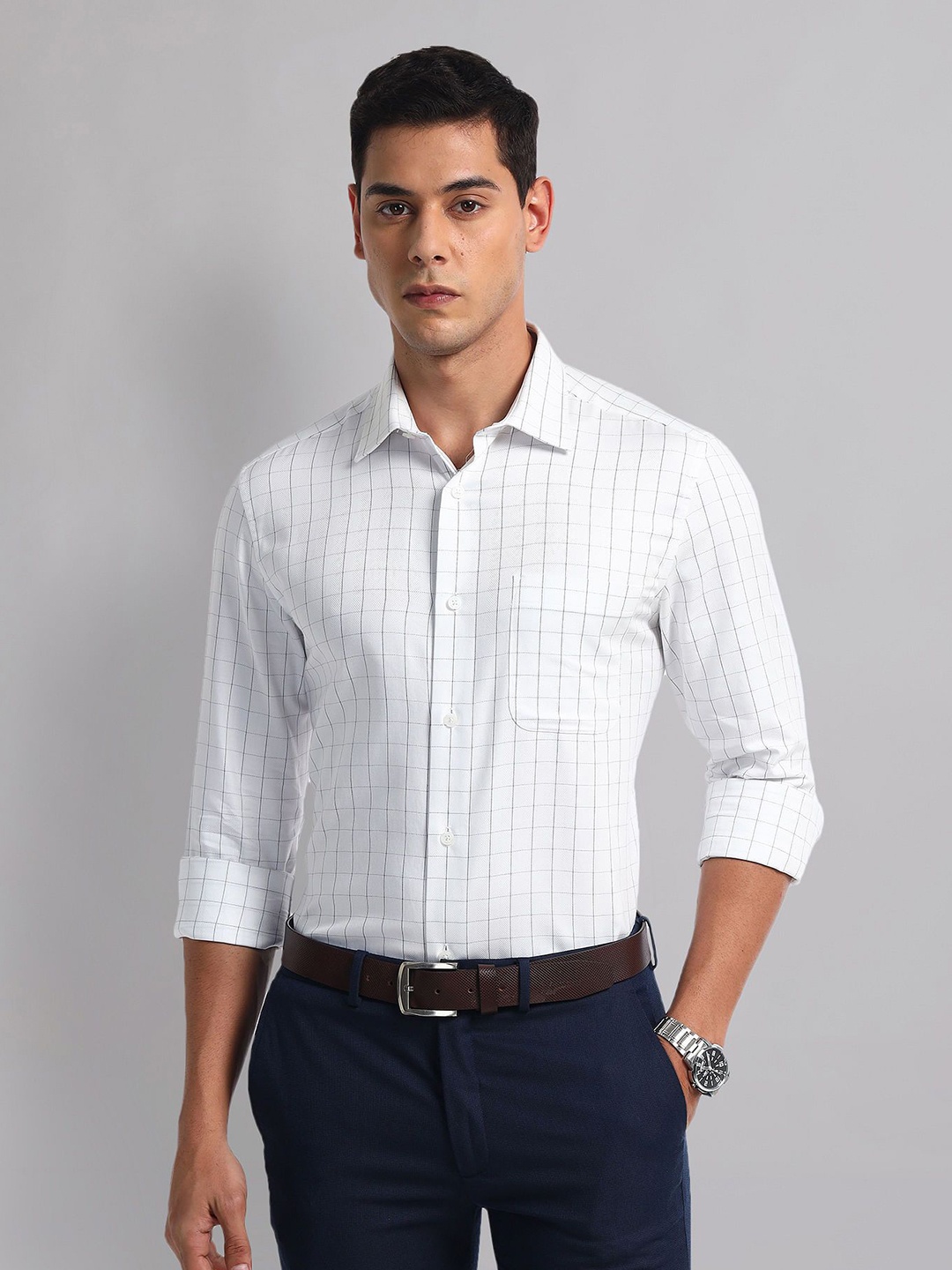 

AD By Arvind Men Spread Collar Grid Tattersall Checked Cotton Casual Shirt, White