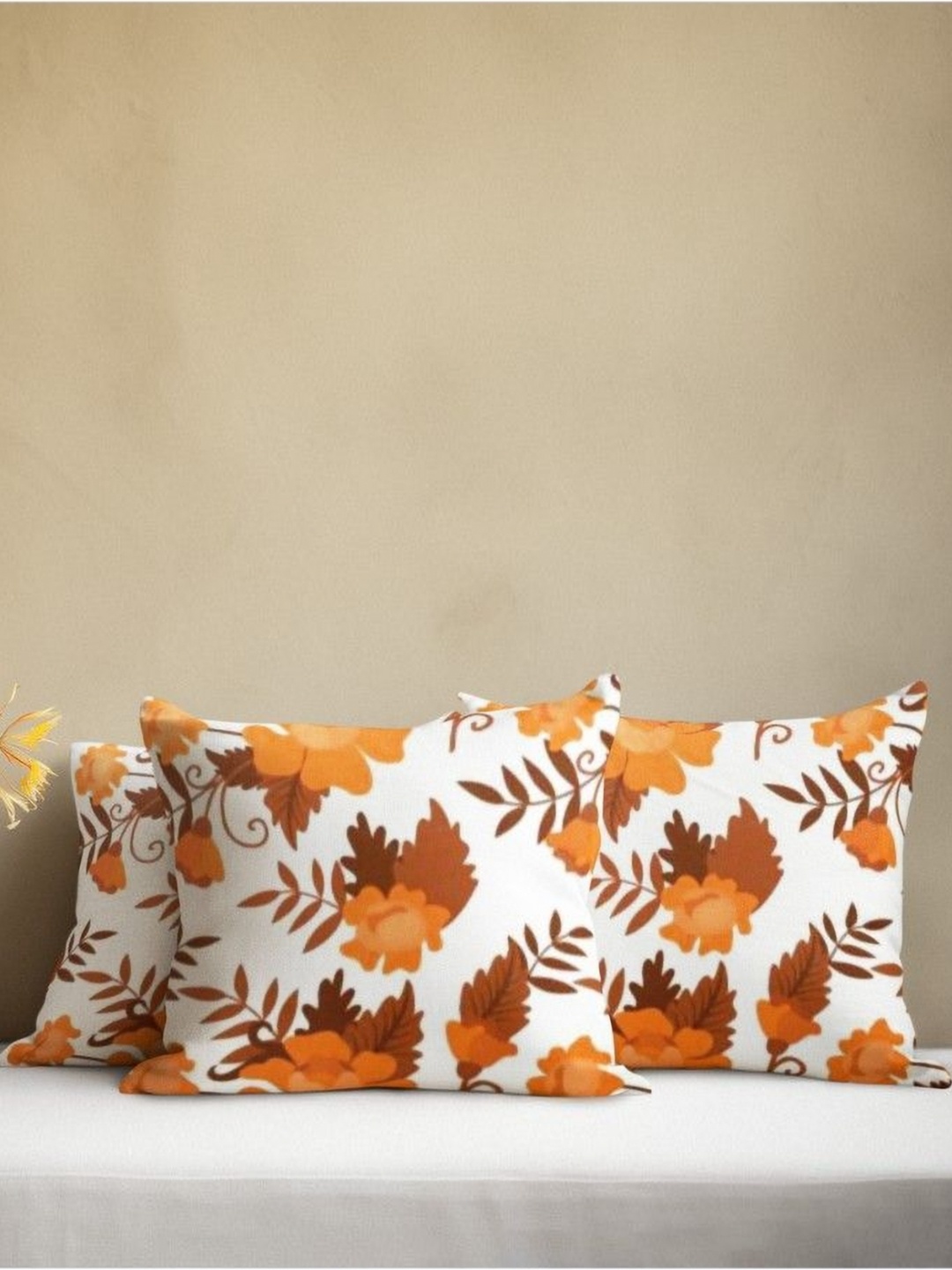 

THEYAYACAFE White & Brown 3 Pieces Floral Velvet Square Cushion Covers
