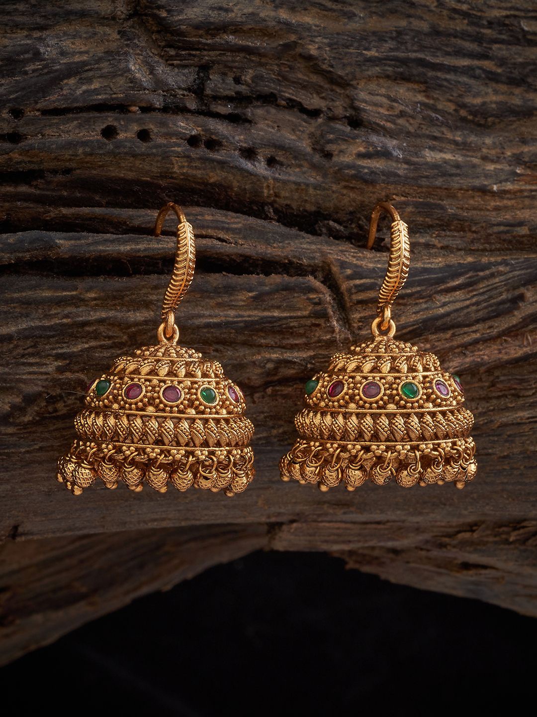 

Kushal's Fashion Jewellery Gold Plated Stone Studded Dome Shaped Jhumkas