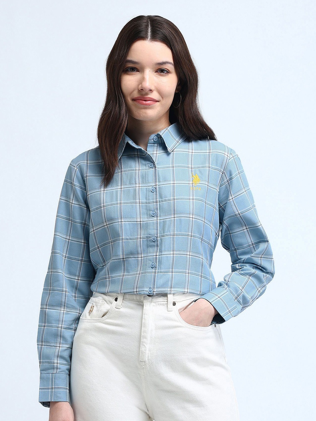 

U.S. Polo Assn. Women Spread Collar Tartan Checked Cotton Casual Shirt, Blue