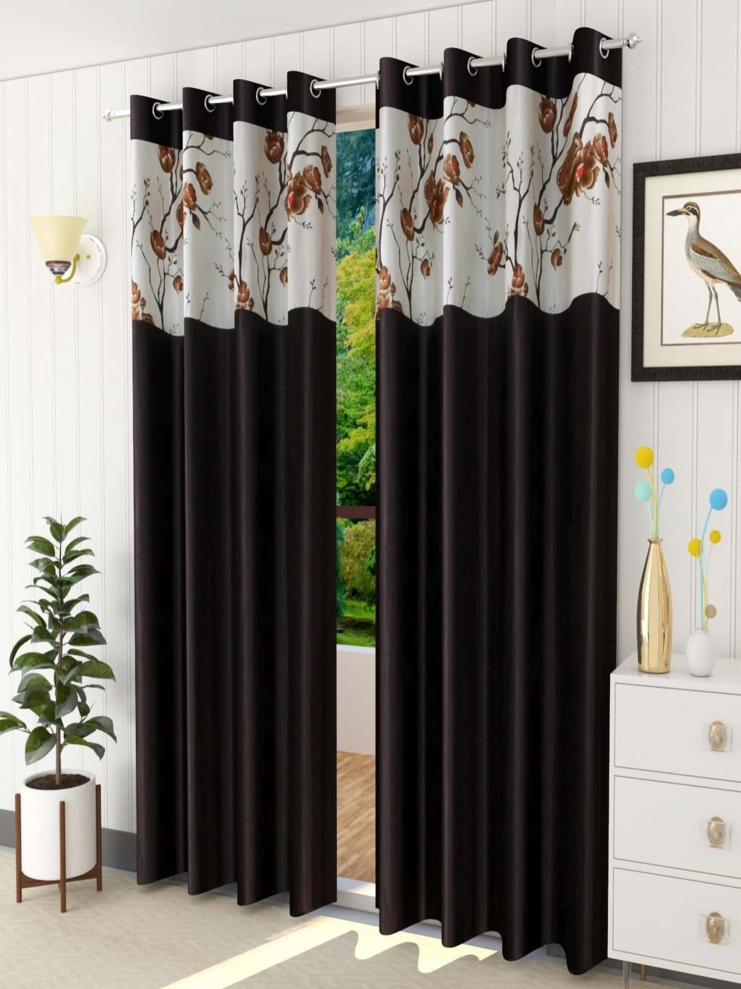 

AADI TRADERS Brown & White 2 Pieces Floral Eyelet Window Curtain