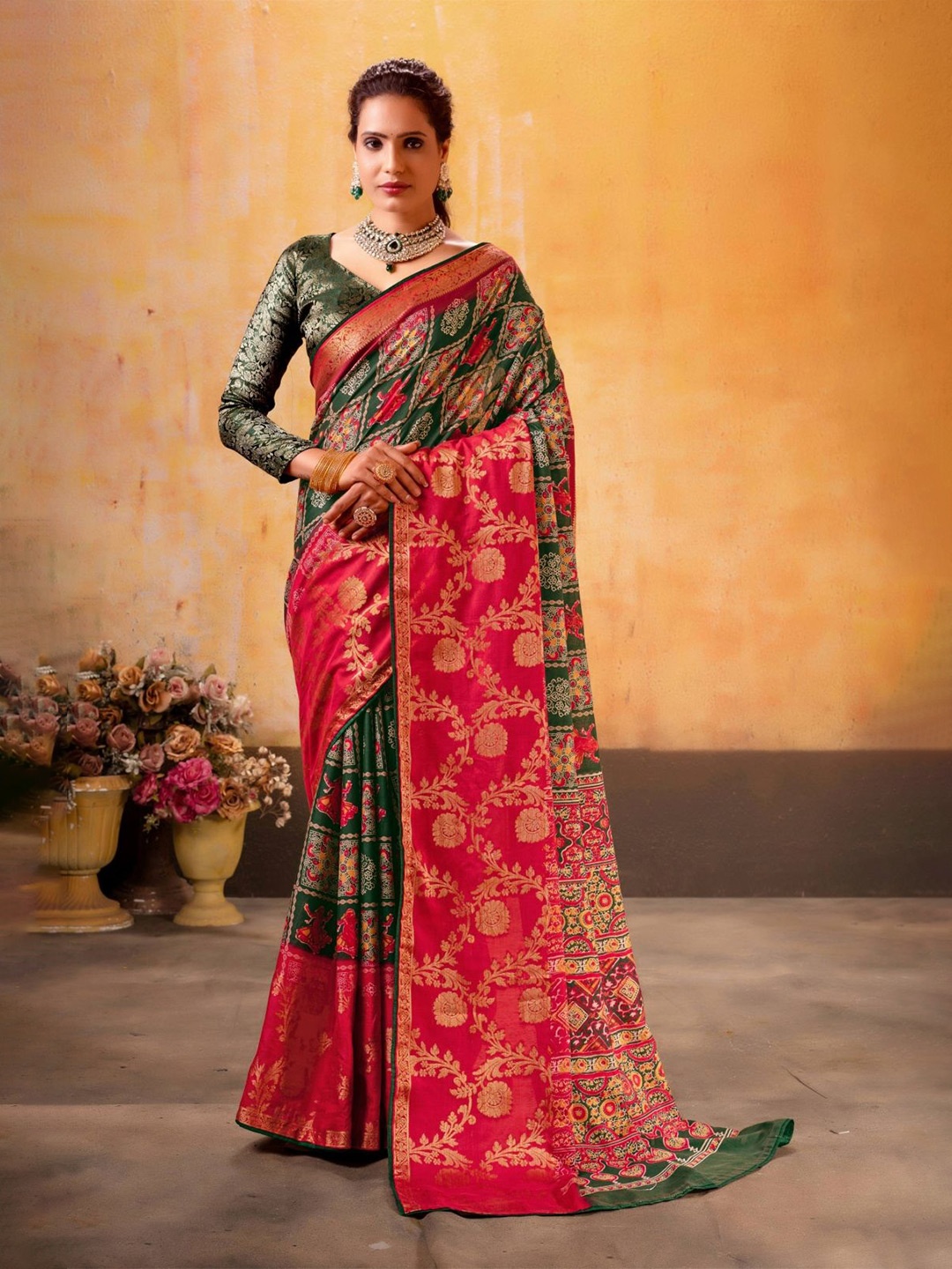 

CHUDIYA Ethnic Motifs Zari Fusion Saree, Red