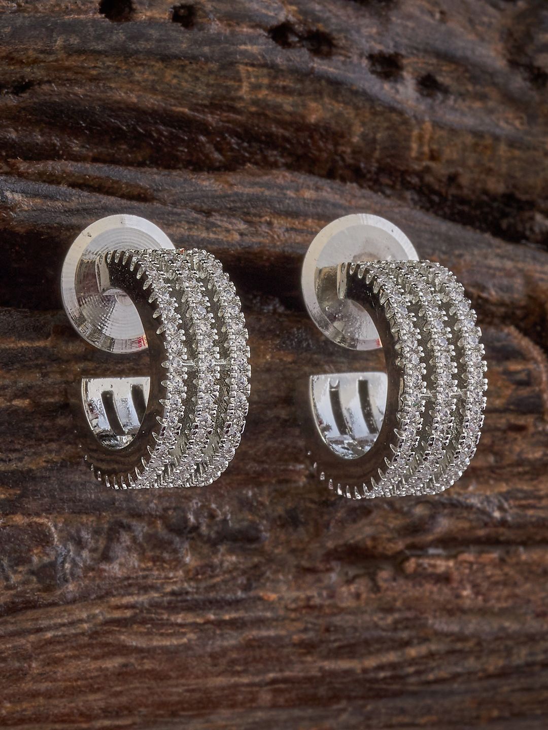 

Kushal's Fashion Jewellery Rhodium-Plated Cubic Zirconia Stone Studded Half Hoop Earrings, White