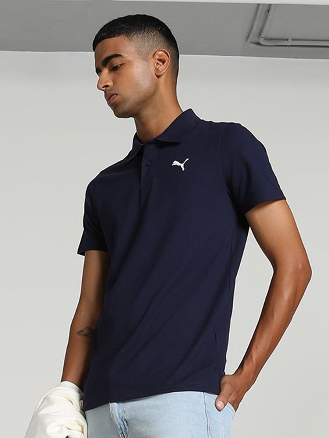 

Puma Men Brand Logo Printed Slim Fit Polo Collar Cotton T-shirt, Blue