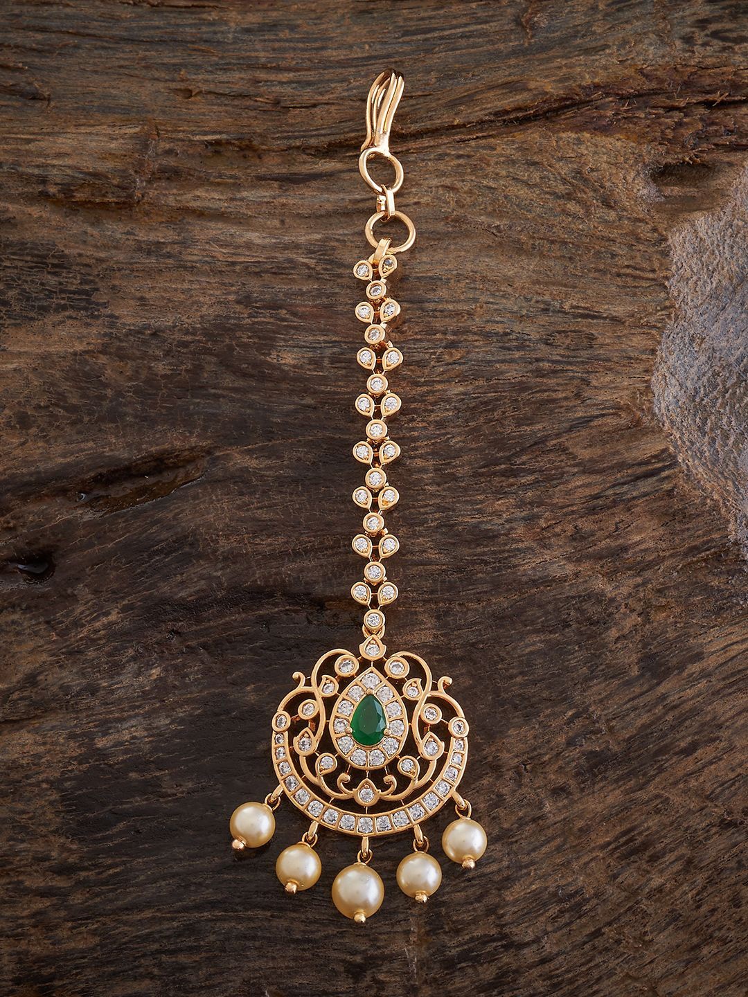 

Kushal's Fashion Jewellery Gold-Plated Zircon Stones Studded Maang Tikka