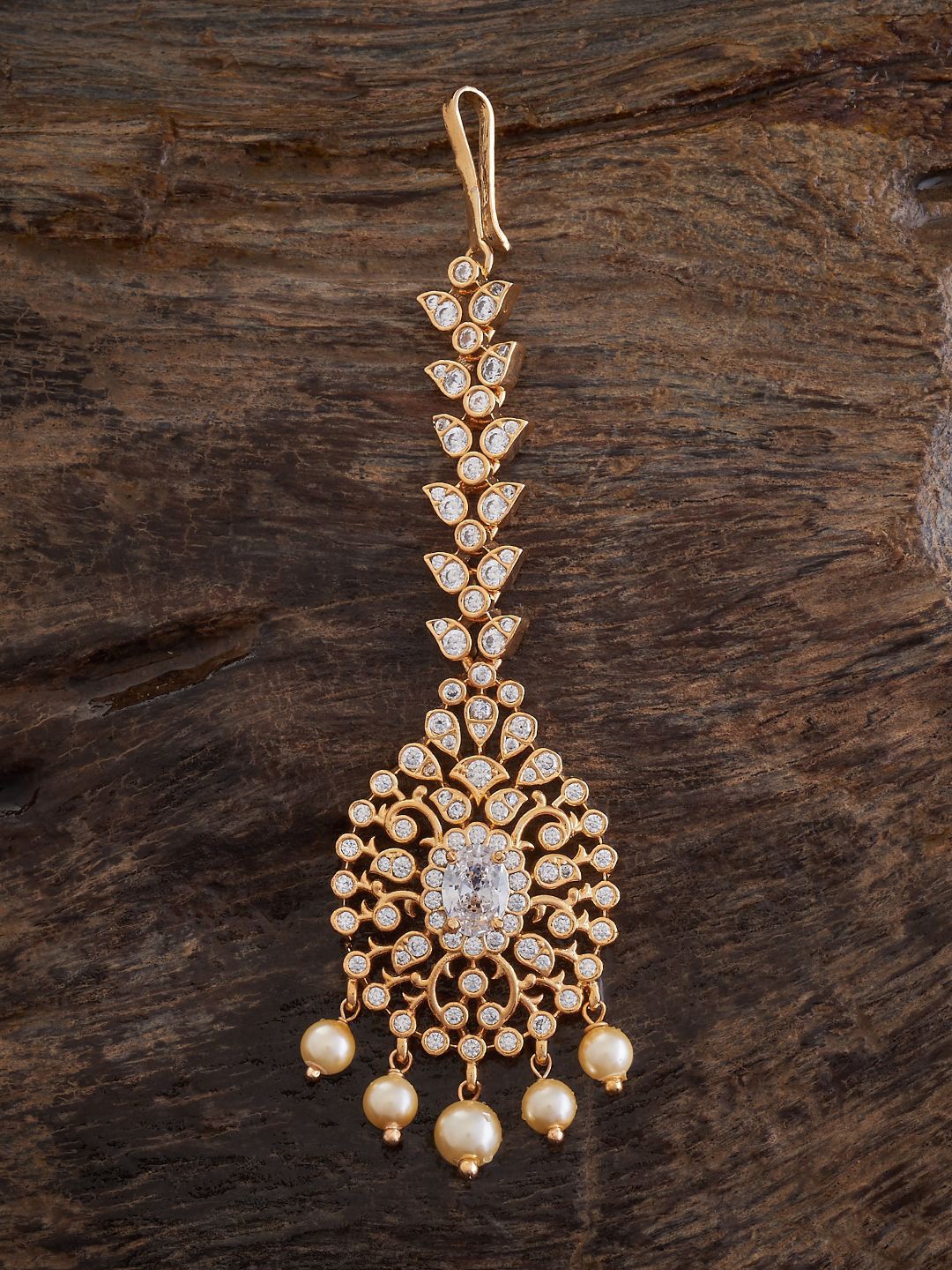 

Kushal's Fashion Jewellery Gold-Plated Zircon Stones Studded Maang Tikka