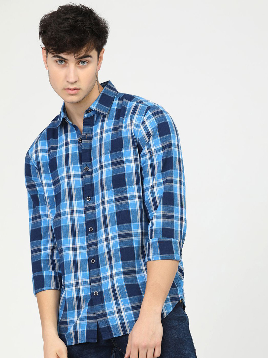 

HIGHLANDER Men Checked Slim Fit Shirt, Blue