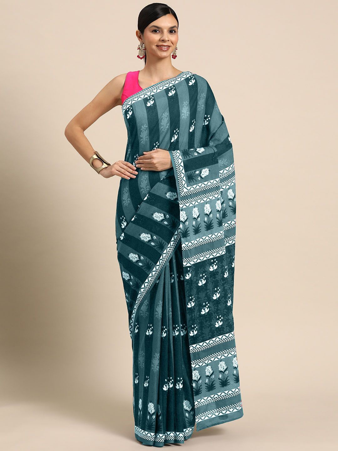 

BUTA BUTI Floral Pure Cotton Saree, Sea green