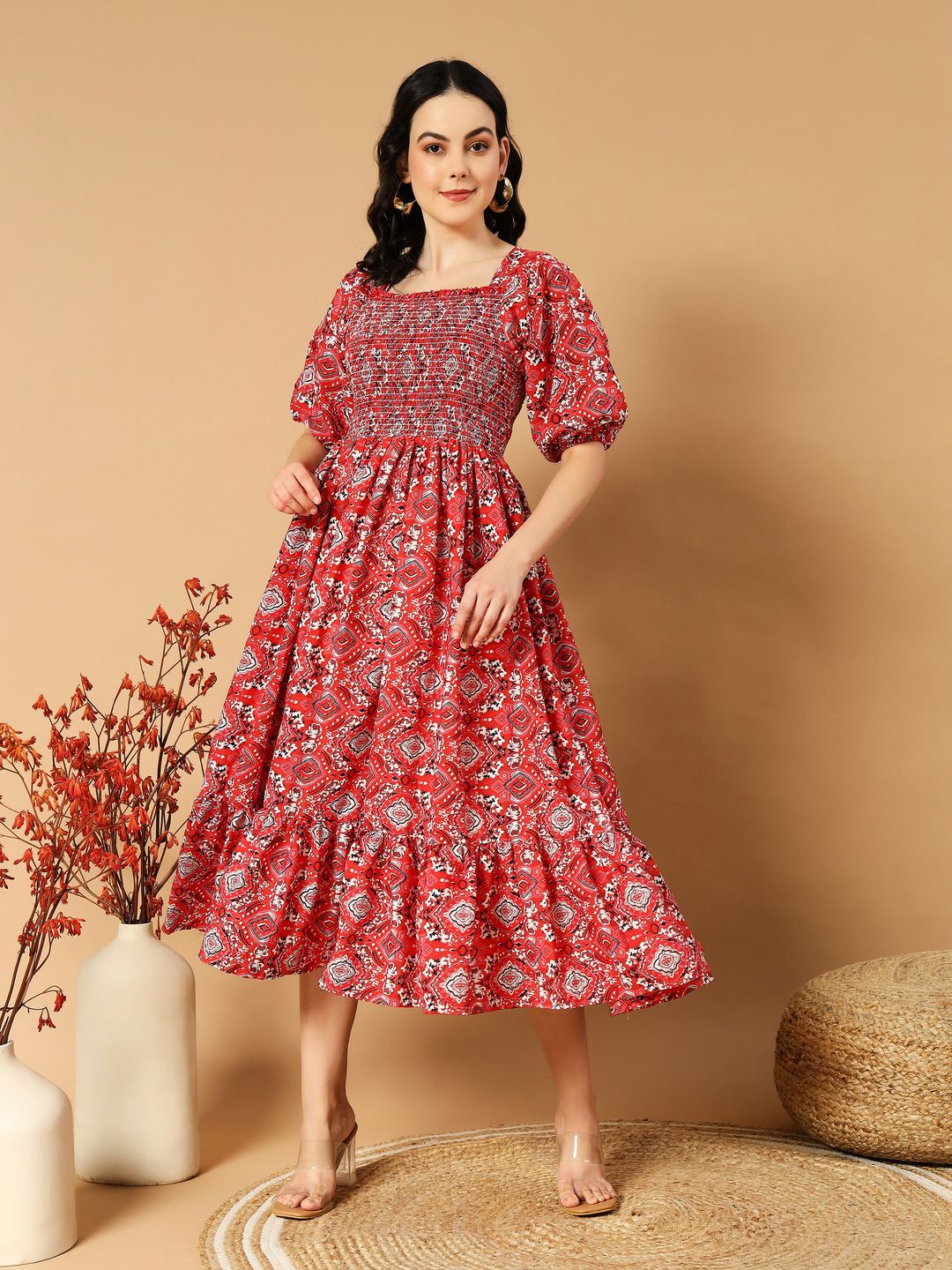 

ZWERLON Print Puff Sleeve Applique Formal A-Line Midi Dress, Red