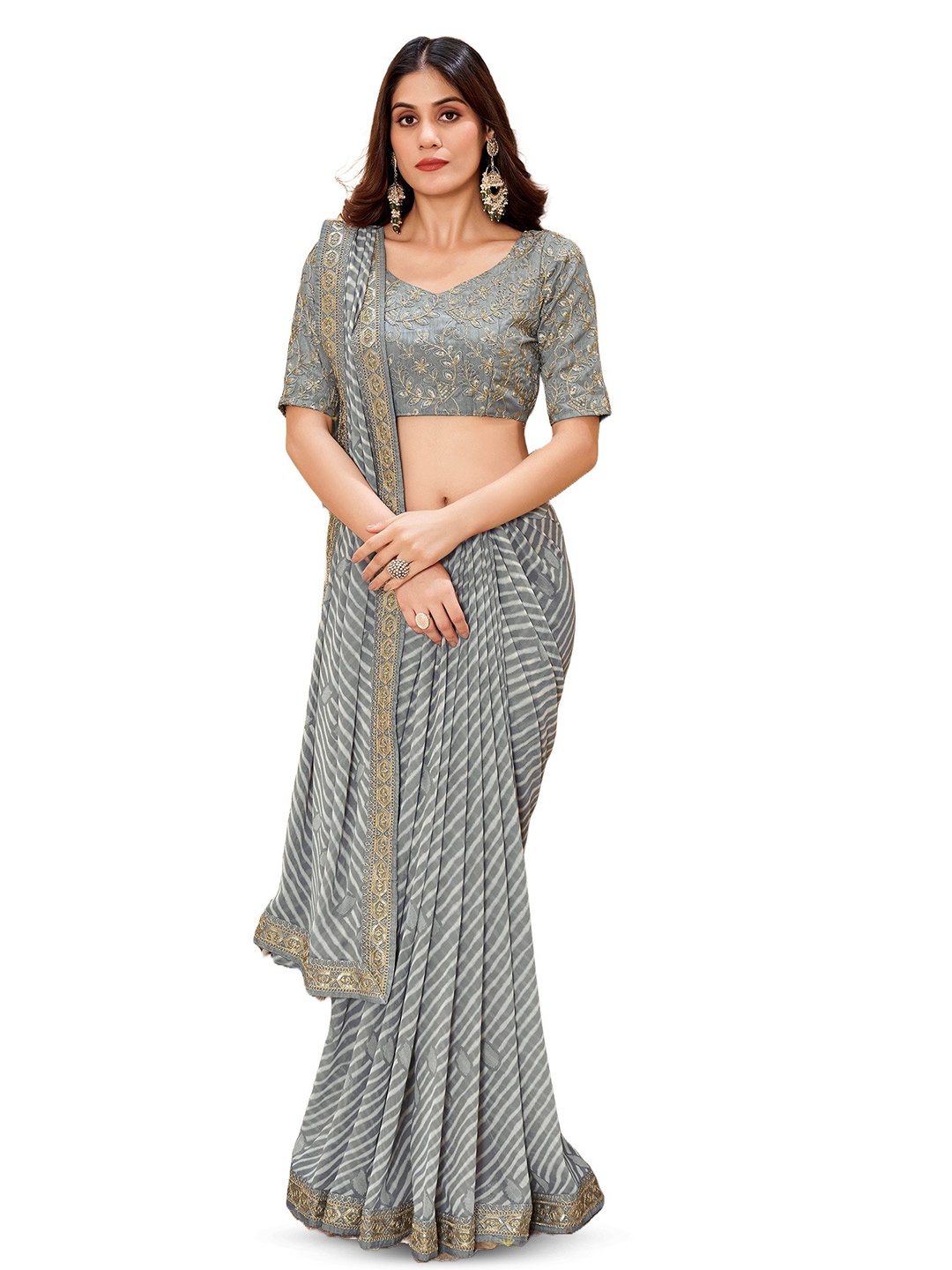 

CHUDIYA Leheriya Sequinned Pure Georgette Saree, Grey