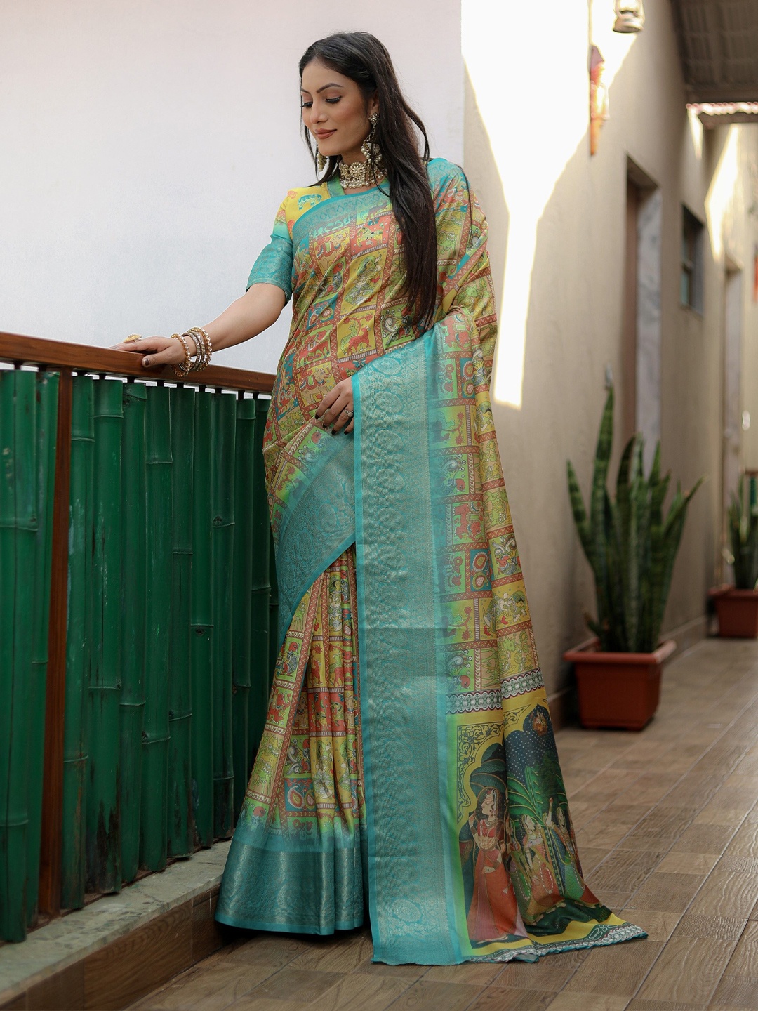 

Anaita Kalamkari Zari Pure Silk Saree, Turquoise blue