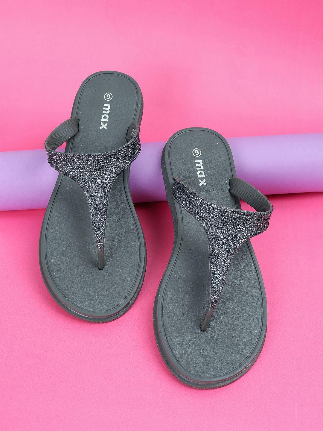 

max Glittered T-strap Flats, Grey