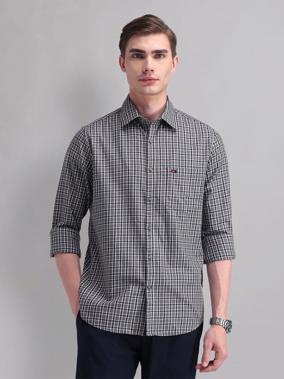 

AD By Arvind Men Spread Collar Checked Cotton Slim Fit Casual Shirt, Blue