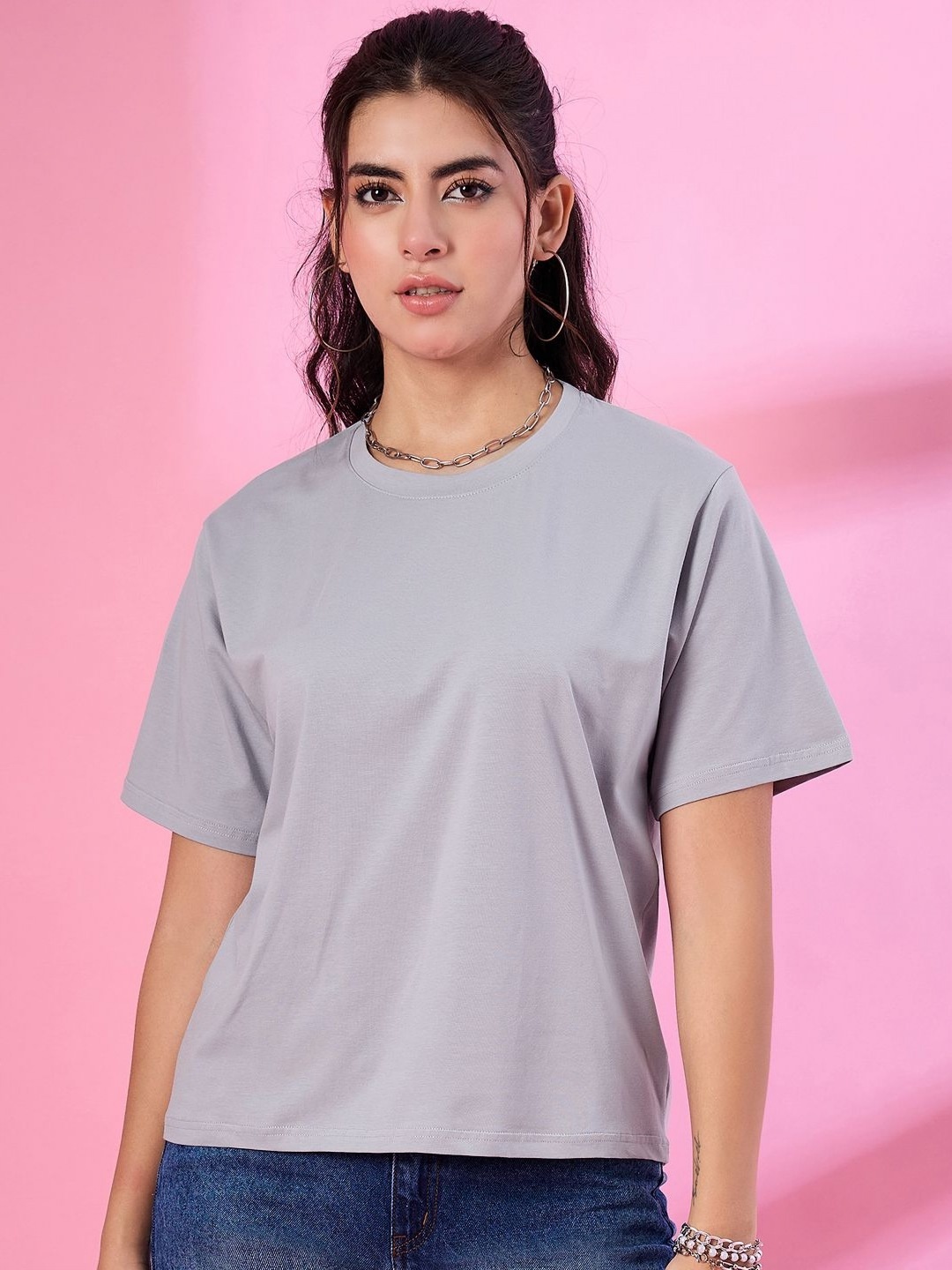 

CUPID Women Solid Round Neck Cotton Oversized T-shirt, Grey