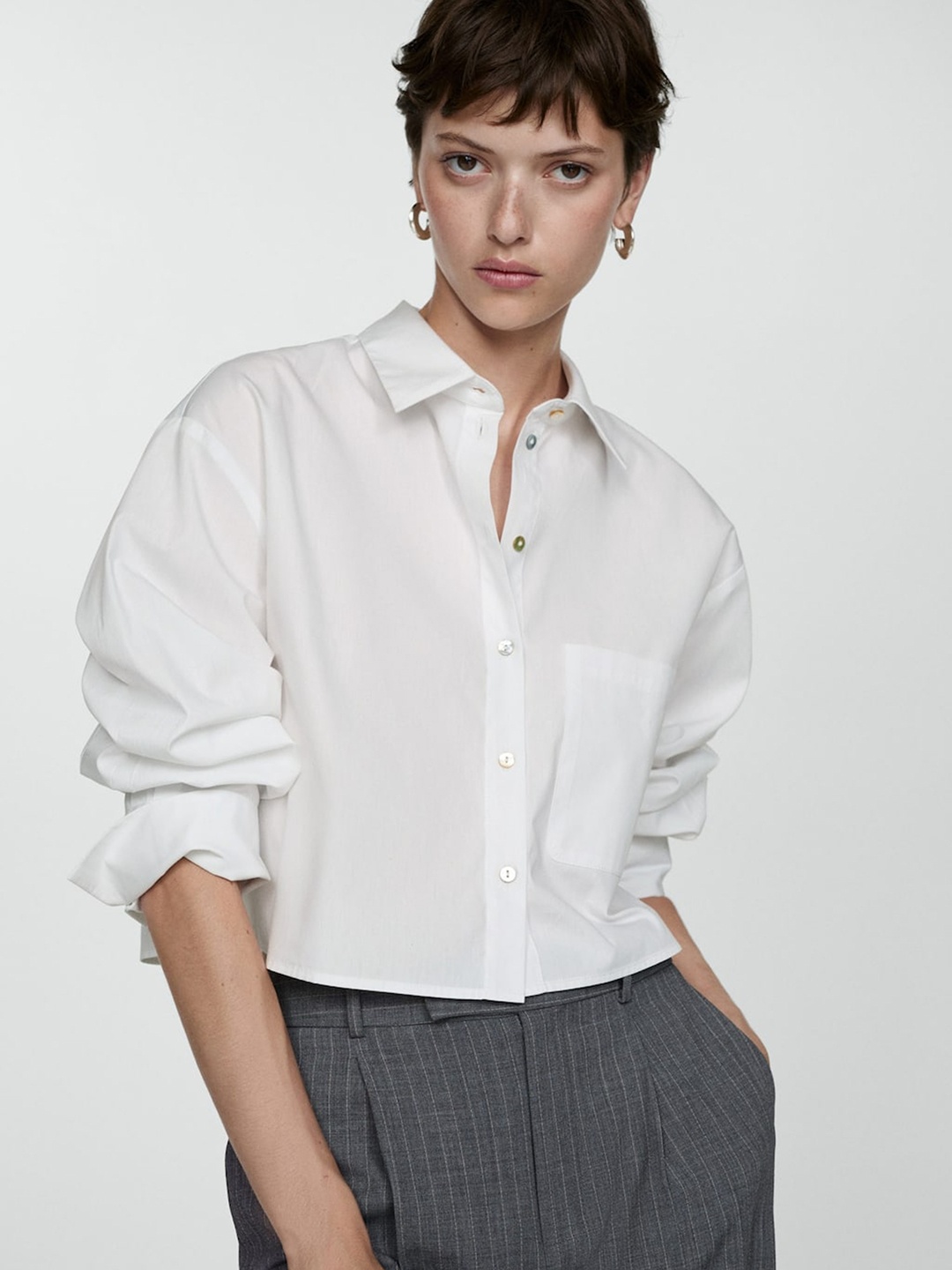 

MANGO Chest Pocket Cotton Crop Shirt, White