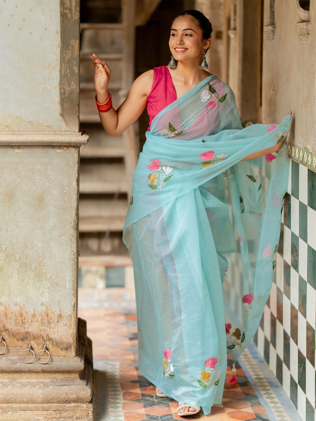 

Subham Floral Beads and Stones Organza Saree, Blue