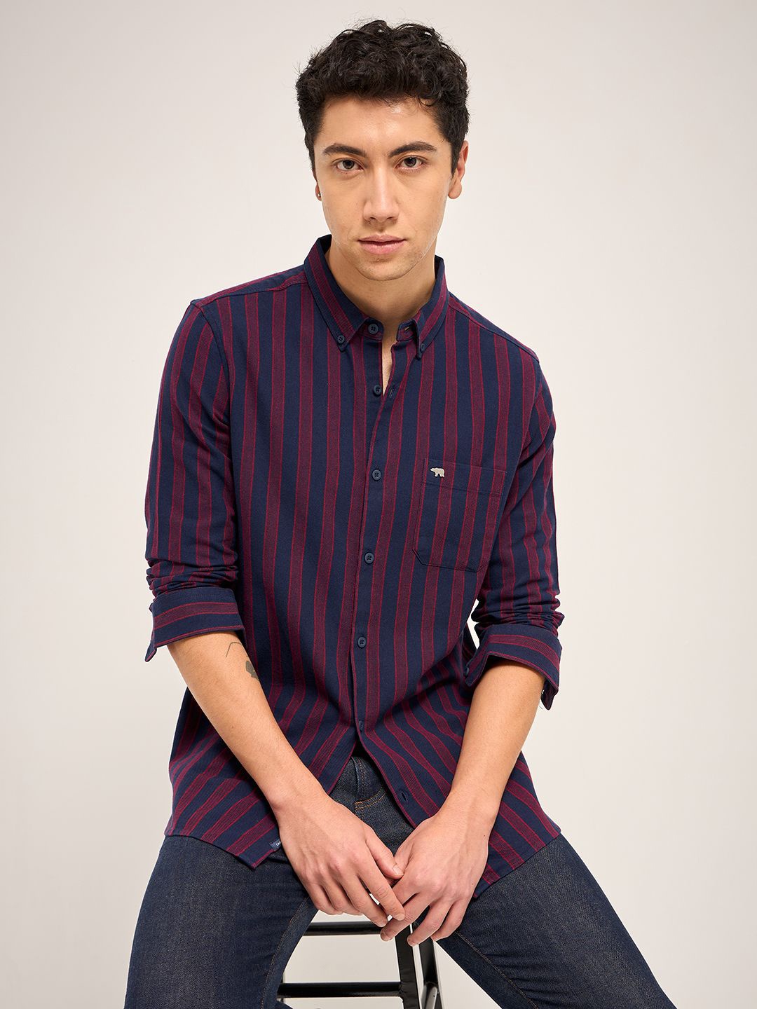 

THE BEAR HOUSE Men Slim Fit Striped Casual Shirt, Navy blue