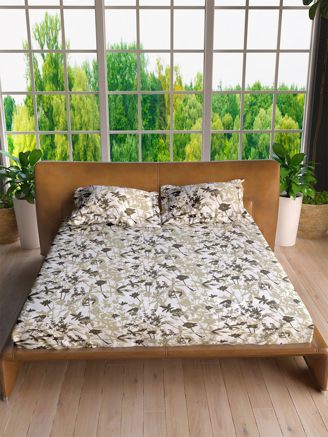 

LABHAM Green & White Floral Printed 160 TC Pure Cotton King Bedsheet With 2 Pillow Covers
