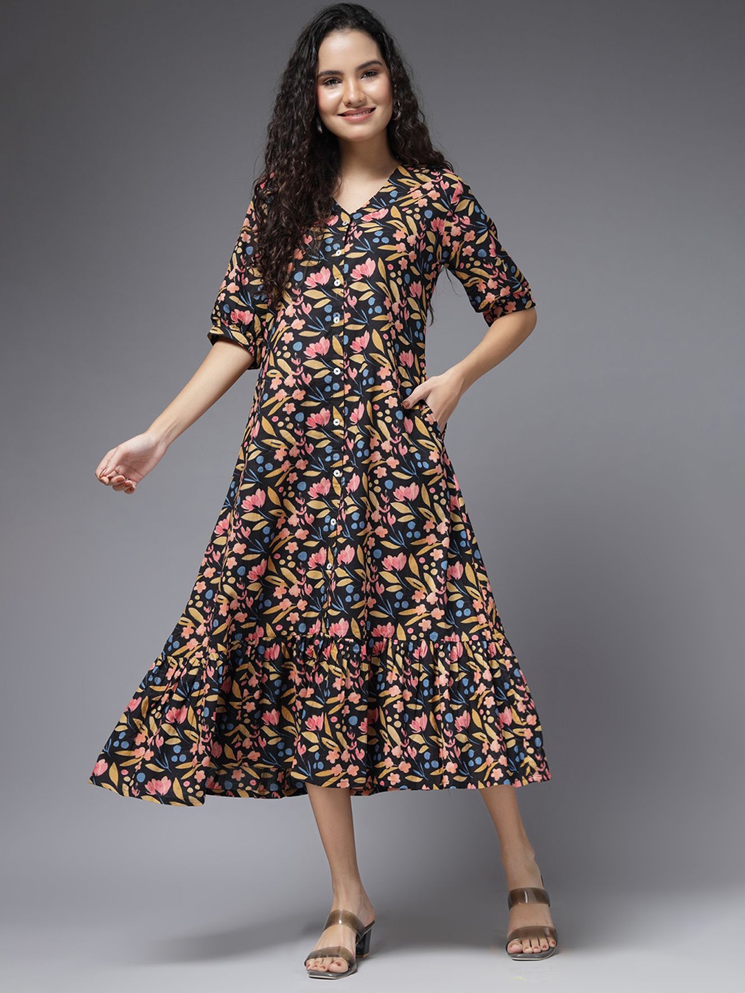 

House Of Zelena Floral Print Maternity A-Line Midi Dress, Black