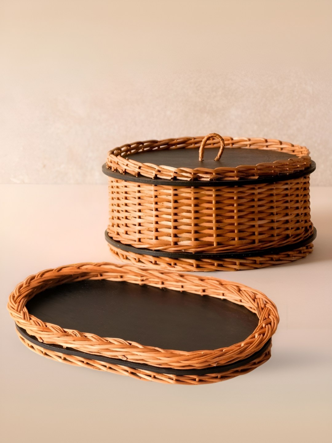 

Peepul Tree 2Pcs Wicker Storage Box & Serving Tray Combo, Brown