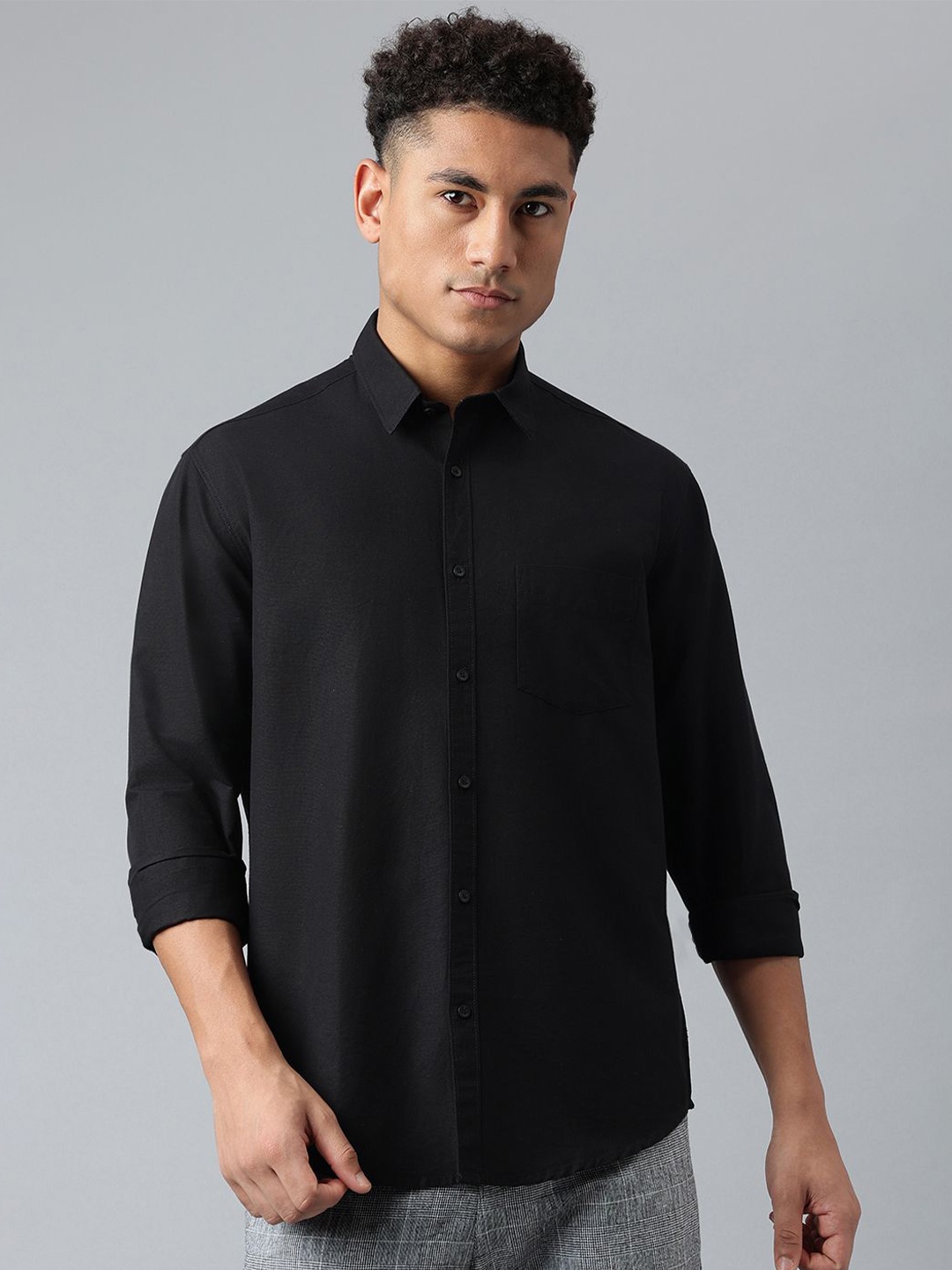 

Richlook Men Comfort Spread Collar Solid Cotton Casual Shirt, Black