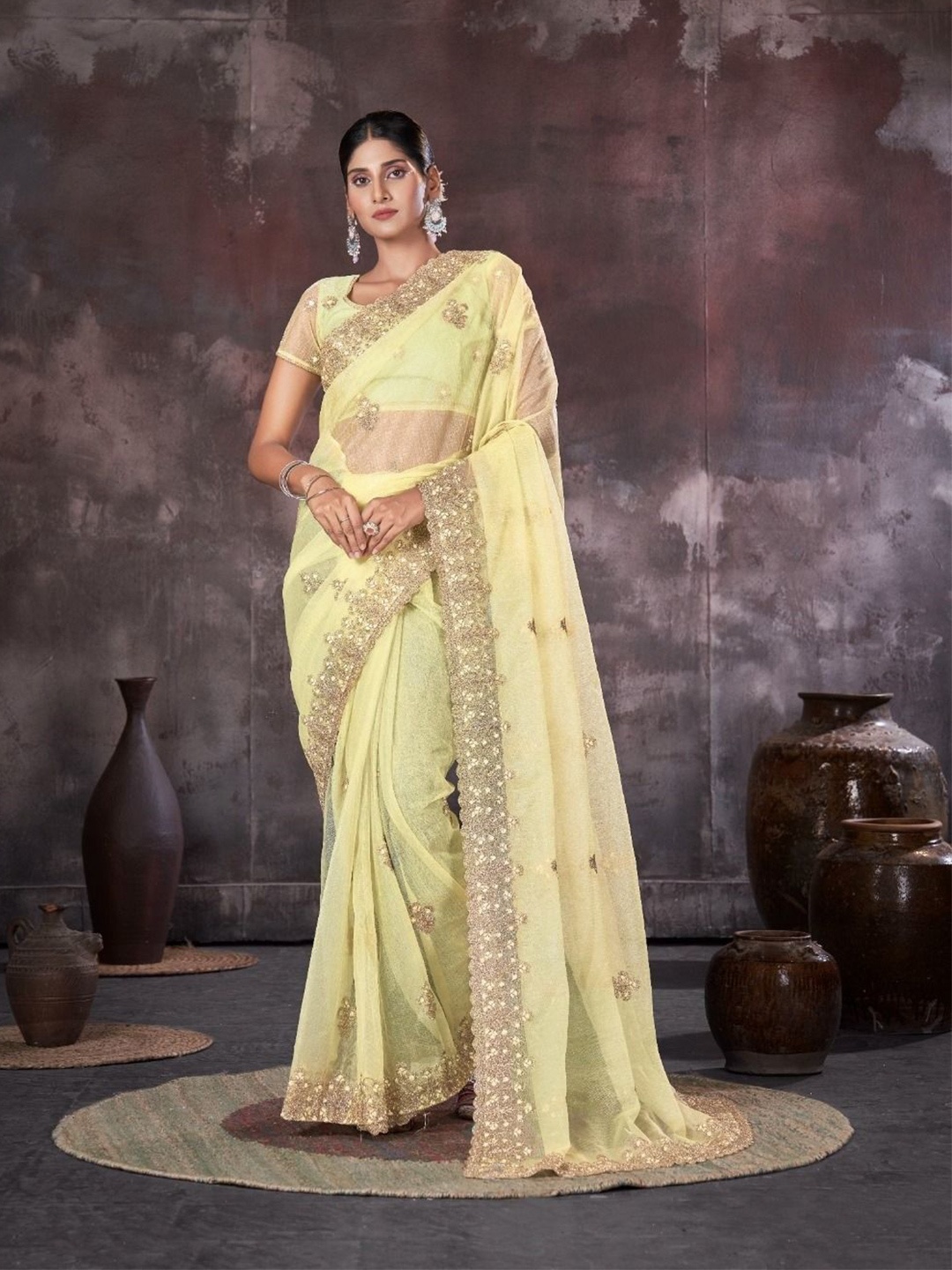 

Mitera Floral Sequinned Organza Saree, Yellow