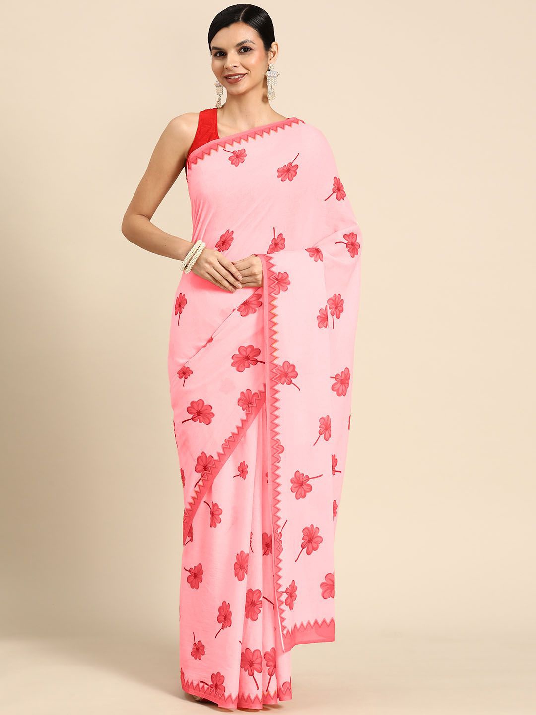 

BUTA BUTI Floral Pure Cotton Saree, Red