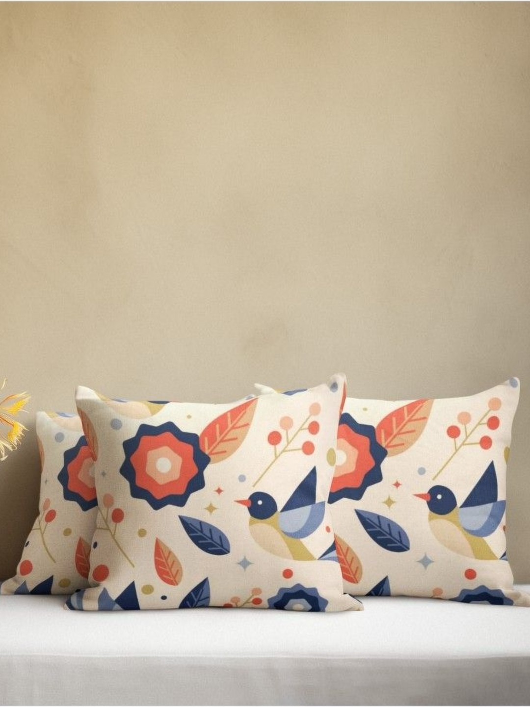 

THEYAYACAFE Off White & Orange 3 Pieces Floral Velvet Square Cushion Covers
