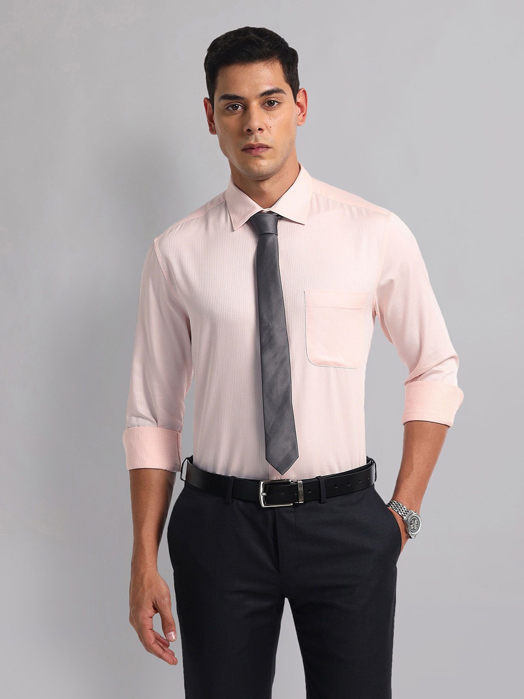 

AD By Arvind Men Spread Collar Solid Striped Cotton Casual Shirt, Pink