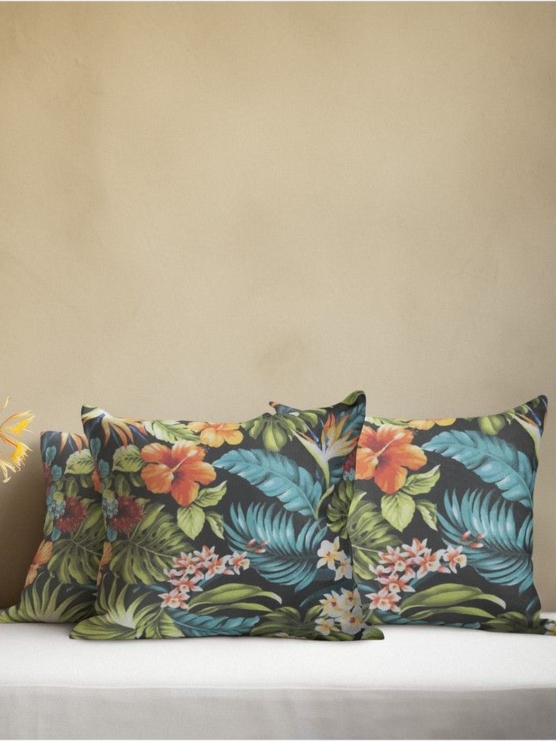 

THEYAYACAFE Black & Green 3 Pieces Floral Printed Velvet Square Cushion Covers