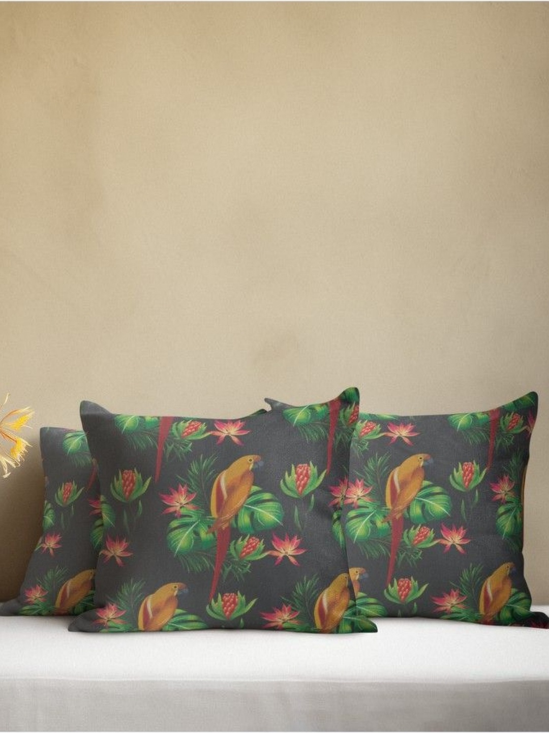 

THEYAYACAFE Black & Green 3 Pieces Floral Velvet Square Cushion Covers