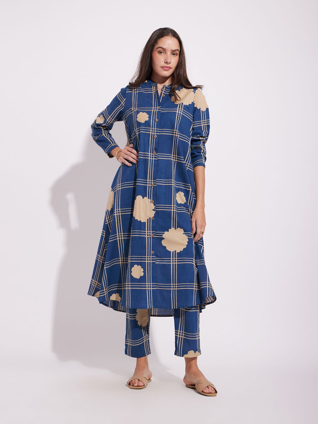 

Pink Fort Checked Printed Pure Cotton A-Line Kurta With Trousers, Blue