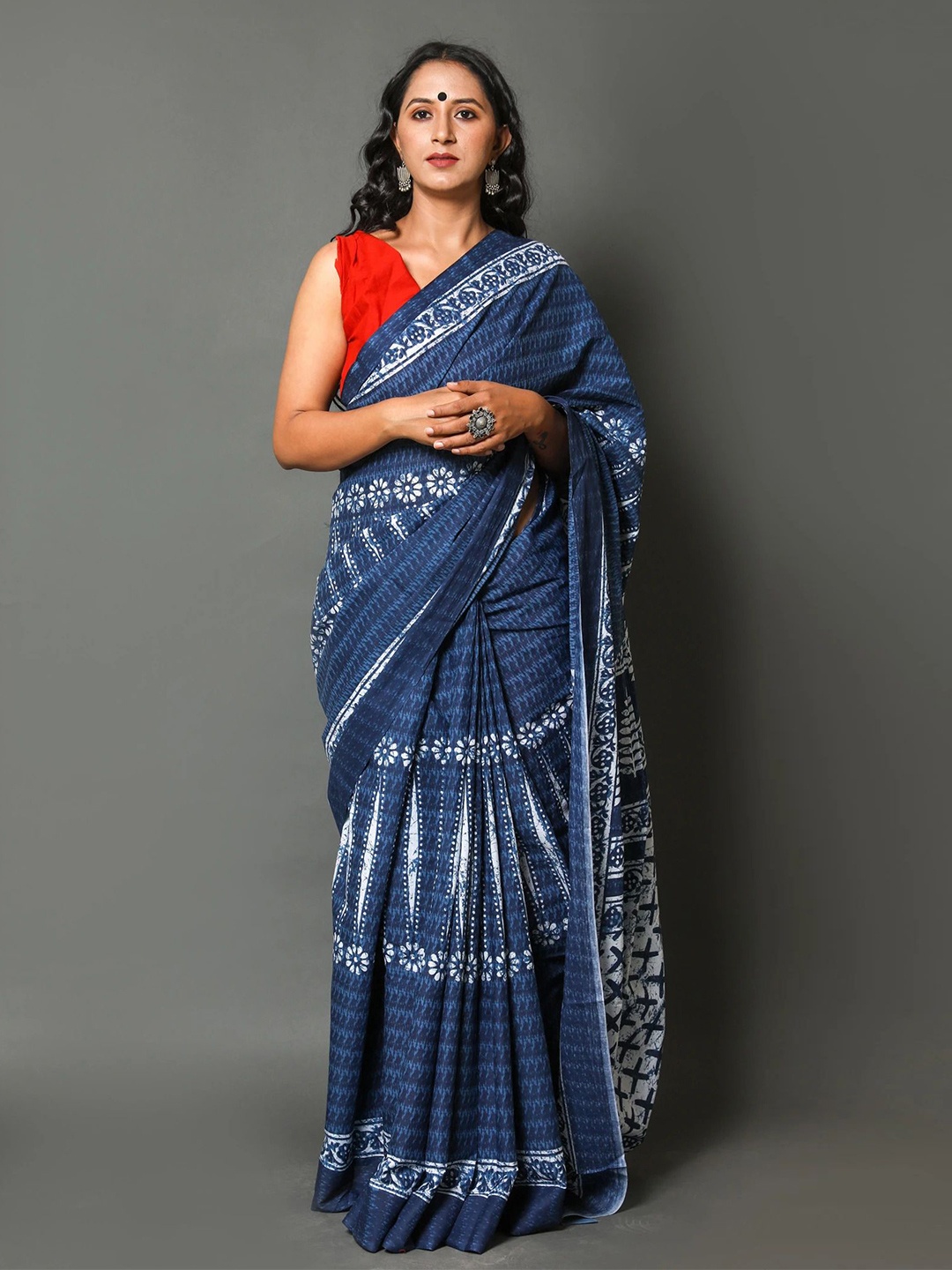 

Pinkcity Trade World Pure Cotton Block Print Saree, Blue