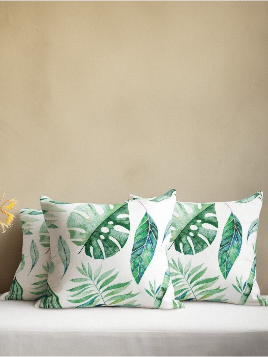 

THEYAYACAFE White & Green 3 Pieces Floral Velvet Square Cushion Covers