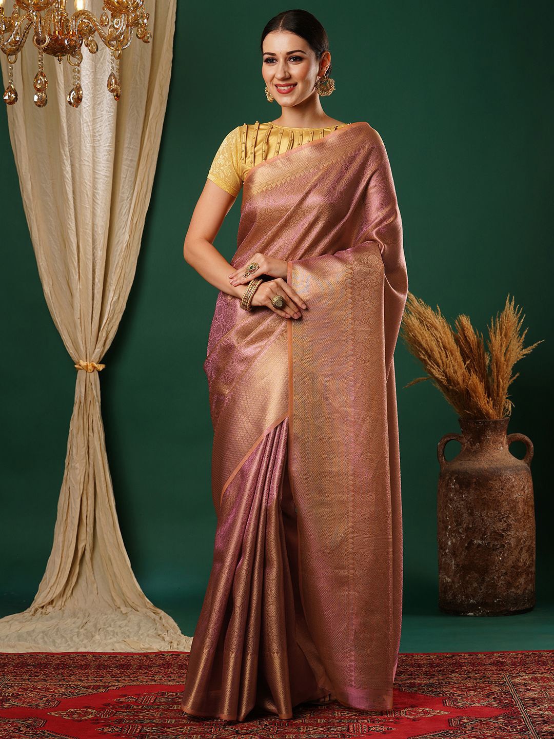 

PAROKSH Ethnic Motifs Zari Tissue Banarasi Saree, Pink