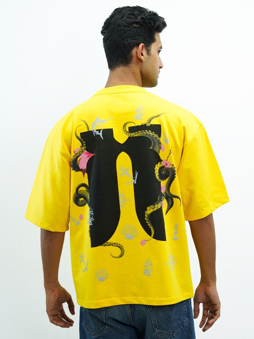 

KHAAKI Men Bio Finish Graphic Printed Round Neck Cotton Oversized T-shirt, Yellow