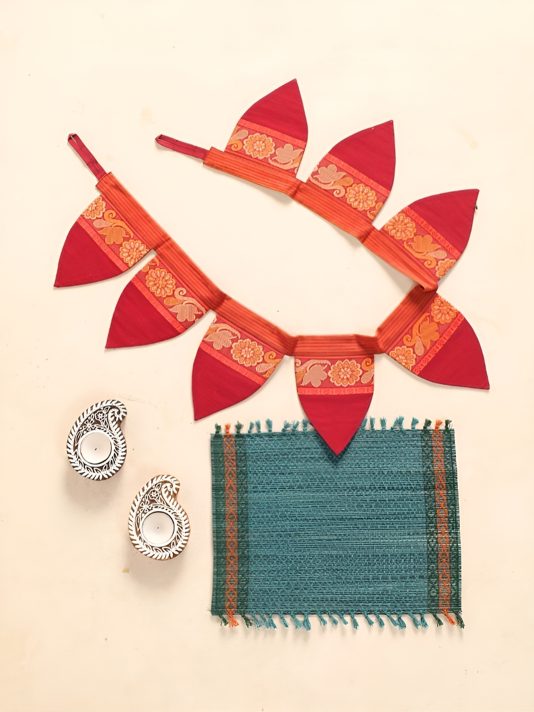 

Peepul Tree Maroon & Orange 4 Pieces Toran, Diyas & Aasan Festive Decors