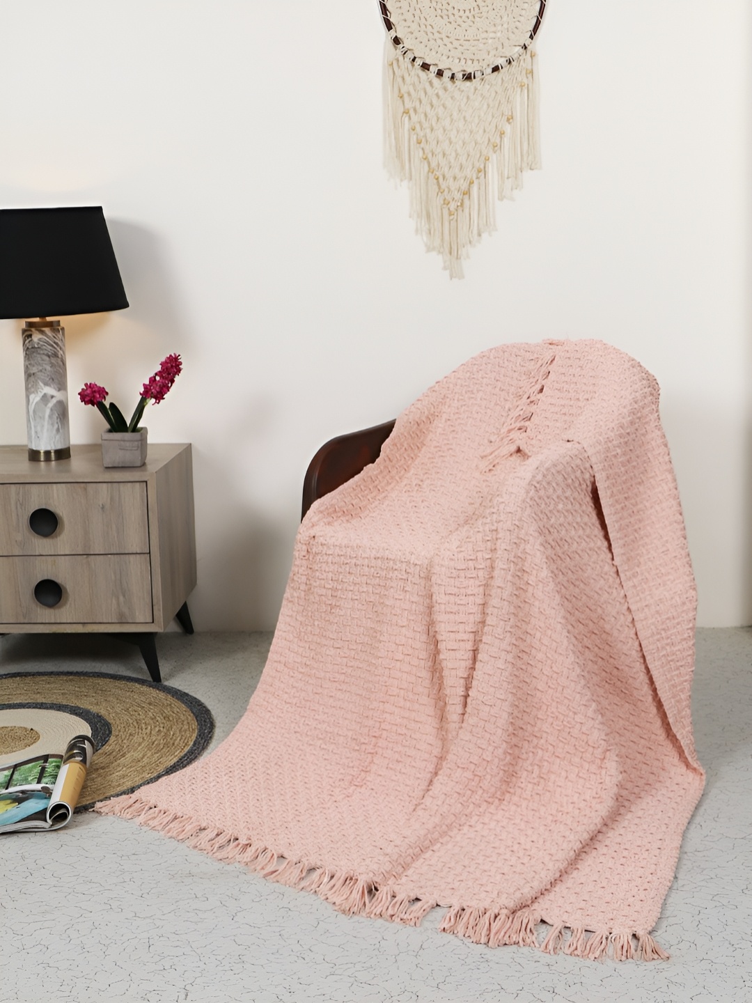 

BELLA TRUE Pink Cotton Self-Design Cotton Chenille Throw