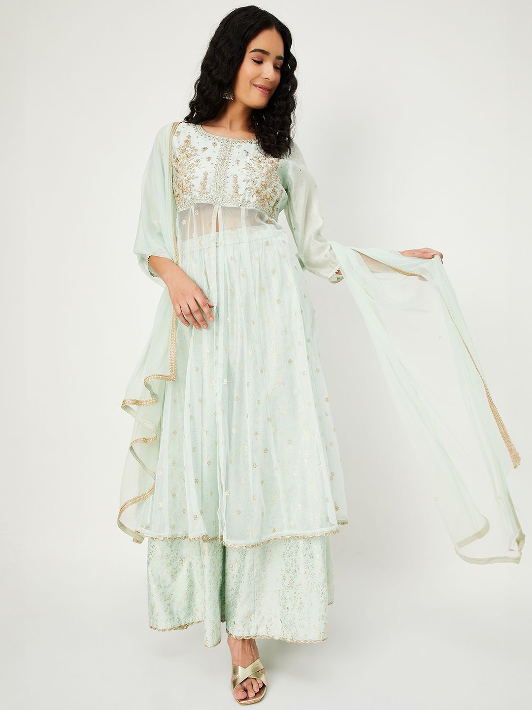 

max Floral Embroidered Sequinned High Slit Georgette A-Line Kurta With Palazzos & Dupatta, Sea green